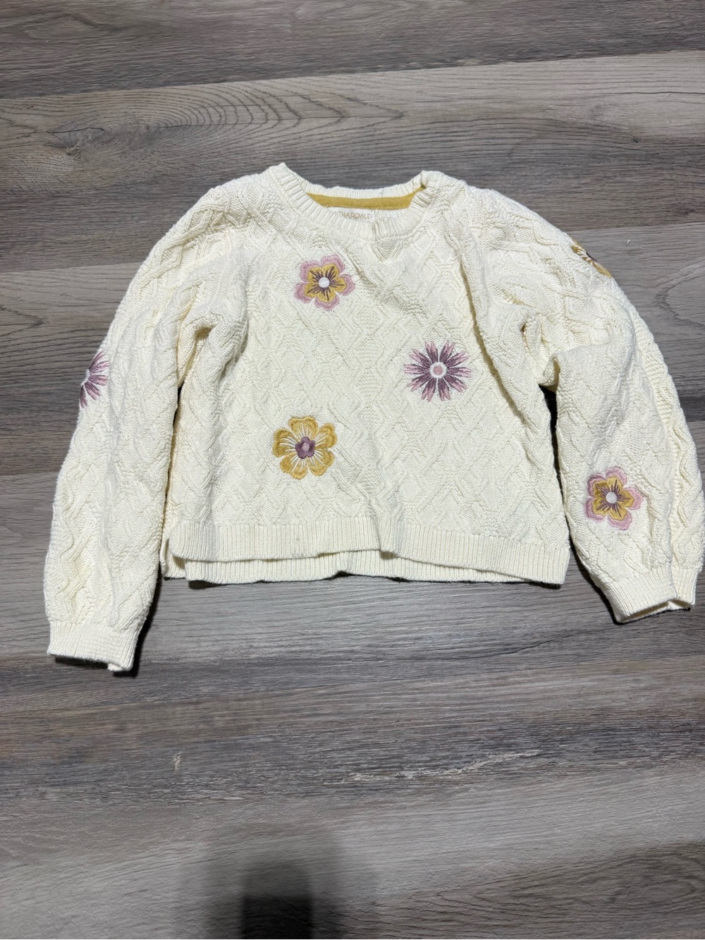 Kids Cynthia Rowley Cream Cable Knit Sweater with Pink & Yellow Flowers